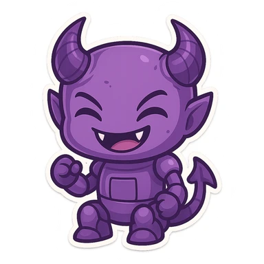 purple demon bot, chibi style, mischievous grin, tiny fangs sticker