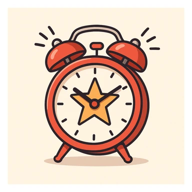 flat-style vector illustration of a classic red alarm clock with twin bells on top, featuring a bold star logo in the center of the clock face, minimalistic and modern, clean lines, soft shadows, ringing motion lines around the bells, light or neutral background to highlight the red and star symbol sticker