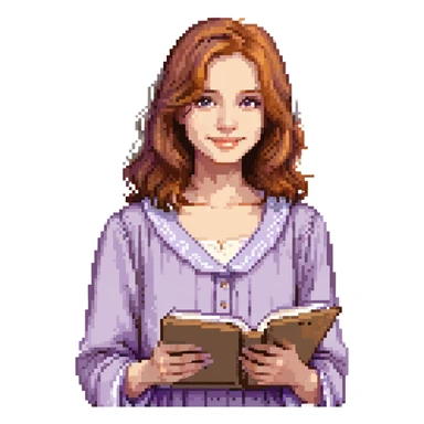 Calm female artist, Caucasian features, shoulder-length auburn hair, soft brown eyes, gentle smile, wearing a violet smock over a light beige top, holding a sketchbook close to chest, waist-up, front-facing sticker