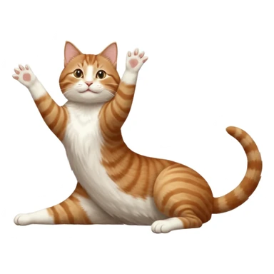 brown tabby and white cat with doing a big extremely long stretch reaching up into the air with arms and legs side by side together straight and overextended whilst lying on its side sticker