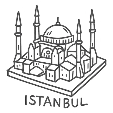 Isometric illustration of Istanbul, featuring real photorealistic Hagia Sophia with ts large central dome and four tall minarets, with real transparent background sticker