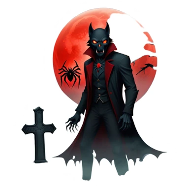 Icon for Horror Movies: A chilling collage with a monstrous werewolf or vampire, dark silhouettes, eerie graveyards, and creepy elements like spiders and tombstones. Ghostly fog surrounds, with a blood-red moon in the sky. The atmosphere is unsettling, eerie, and haunting. Transparent background. sticker