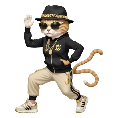 female cat dressed like Run DMC in tracksuit, fedora, Adidas shoes, dark sunglasses, lots of gold chains and bling accessories, break dancing sticker