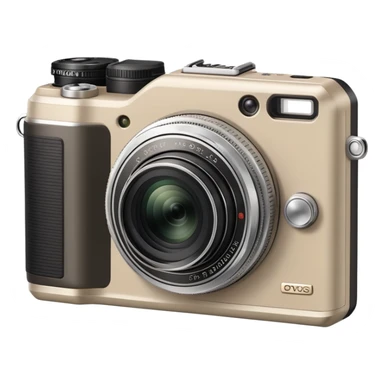 Ultra minimal Olympus Superzoom 70G camera, grayish-beige color, just basic rectangular shape with a tiny circle for lens, absolute minimum details sticker