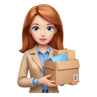 Barbie, eyes are blue, shoulder-length reddish-brown hair, holds a package box, Barbie is wearing beige and brown colored clothes sticker