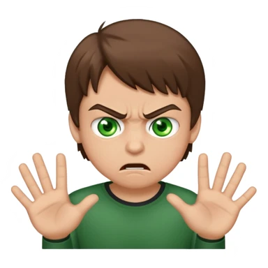 Boy 10 years old, with overgrown brown hair with green eyes, angry, shows fuck sticker