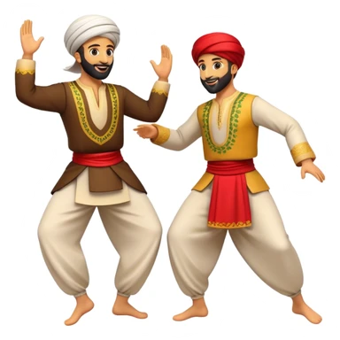 Cinematic Realistic Dabke Dance Emoji, depicted as an energetic traditional Lebanese folk dance with vibrant costumes and rhythmic movements, rendered with dynamic textures and festive natural lighting that captures its communal joy. sticker