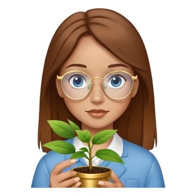 Girl with light skin, brown hair, blue eyes, freckles, and gold glasses holding plant sticker