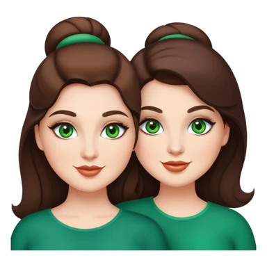 Happy curvy sisters, brunettes, green eyes, makeup sticker