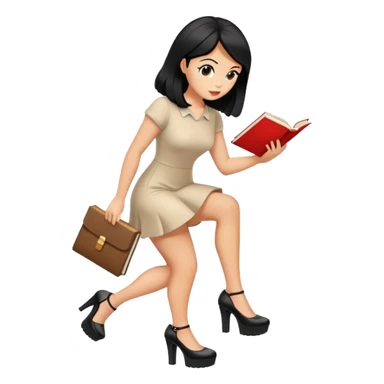 Bimbo walking, platform heels, mini dress, black hair tanned, hot, picking up book from ground, hot  sticker
