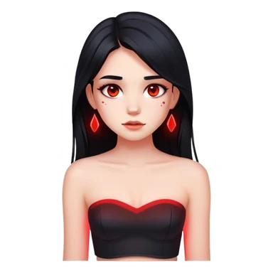 Girl with black hair with red underlights and frontlights hair. Long hair. Black strapless crop top. Very elegant. Skinny face with birthmark under left cheek. sticker