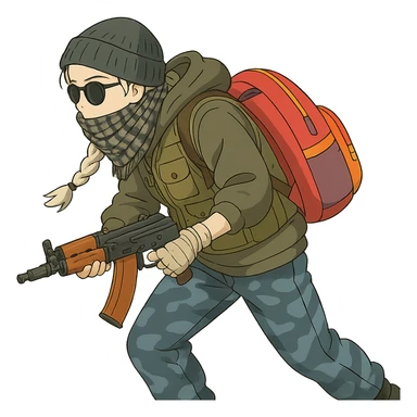 1 female, long white braid, knit cap, dark sunglasses, shemegh neckwrap, fishing vest, vibrant shool backpack, drab hoodie, handwraps, blue camo pants, AKS-74U, hunched over, on the move sticker