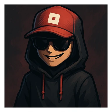 Coolkid, the infamous Roblox hacker, depicted as a mysterious figure with a red Roblox cap, sunglasses, and a hoodie, exuding a cool and mischievous vibe, in a modern digital art style sticker