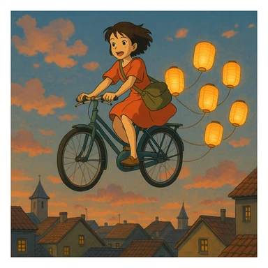 A girl riding a floating bike above the rooftops, with paper lanterns trailing behind.

 sticker