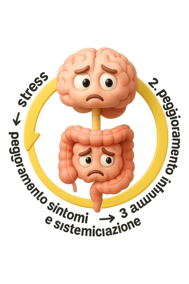 EMOJI STILE IPHONE 3D DI un cerchio con queste scritte che girano intorno in ordine per come li ho scritti "1. stress → 2. peggioramento intestinale → 3. aumento infiammazione → 4. peggioramento sintomi intestinali e sistemici." al centro del cerchio metti un cervello e intestino umani collegati verticalmente con espressione dubbiosa in volto, FALLO MOLTO REALISTICO IN 3D sticker