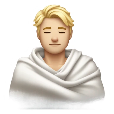 A handsome guy in his 20s with blond hair sleeps on his side with his eyes closed in a white T-shirt and a blanket sticker