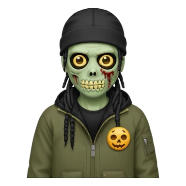 a zombie emoji with black dreads and a black carheartt jacket and black nike ski mask on his head sticker