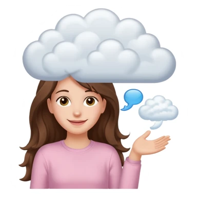 happy white long brunette hair girl with hazel eyes in light pink with white cloud thought bubble sticker
