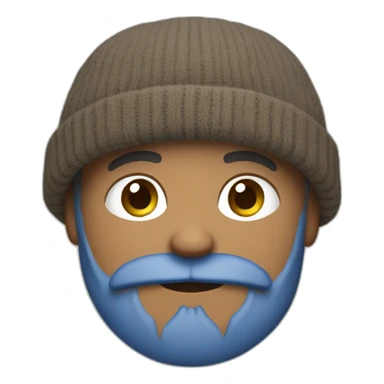 a dirty white man wearing a blue beanie pulled down low, with a grizzly grey beard sticker