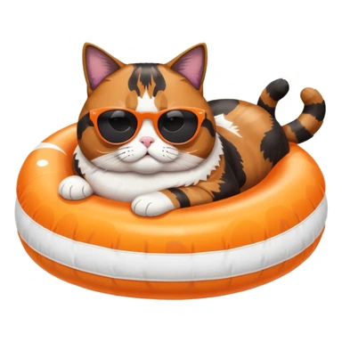 Fat calico cat with dark sunglasses lying on a pool floatie sticker