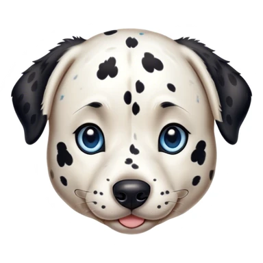 Cinematic Cute Spotted Dalmatian Portrait Emoji, Head tilted playfully and inquisitively, featuring a glossy Fur of predominantly white with dynamic black patches, round, sparkling blue eyes filled with gentle curiosity, Simplified yet irresistibly adorable features, highly detailed, glowing with a warm, friendly glow, high shine, affectionate and gentle, stylized with a touch of whimsy, bright and endearing, soft glowing outline, capturing the essence of a mischievous yet loving pup, so playful it feels like it could lumber out of the screen and into your arms! sticker