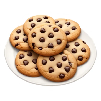 Cinematic Realistic Cookies Dessert Emoji, showcasing a plate of freshly baked cookies with gooey chocolate chips rendered with lifelike textures and warm, homey lighting. sticker
