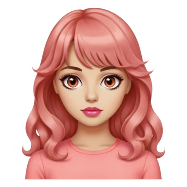 pretty woman, popular mean girl, light tan skin, big black eyes, long wavy auburn hair, bangs, pink top, coral lipstick sticker