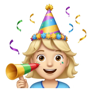 smiling face wearing a party hat, blowing a party horn, with confetti around sticker