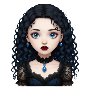 A girl with a dark red goth vampire look in a black goth lace dress with long sleeves longer black curly hair sticker