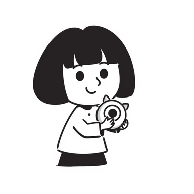 cute girl with blunt bangs, mid-short hair, big eyes, hand-drawn doodle style, holding small plush toy, very kawaii sticker