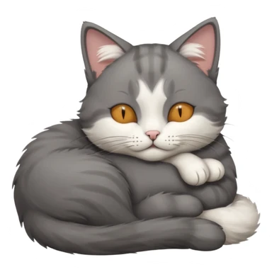 dark grey and white small cat with eyes closed, leaning his head on his paw while leaning on his elbow lying down sticker