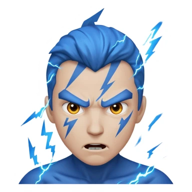 Rayos, centellas y estrellas en una cara color azul con expresiones de furia sticker