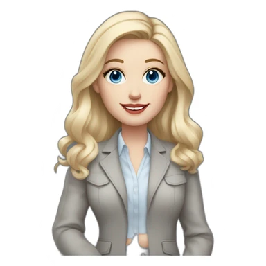 pale skin woman interior designer with cold blonde middle length hair, blue eyes, White blouse, Gray oversize jacket, Gray skirt holding a color palette in the hands sticker