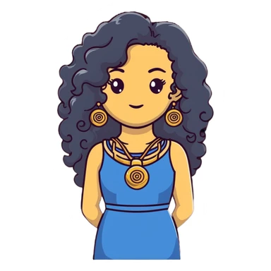 pretty Greek girl with big puffy long curly hair, gold statement earrings and necklace, cute modern dress sticker