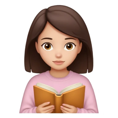 Pretty brown eyed brunette girl with light pink sweater reading cozy sticker