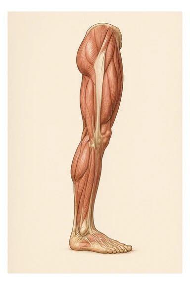 muscular left leg, realistic, detailed anatomy, medical illustration style sticker