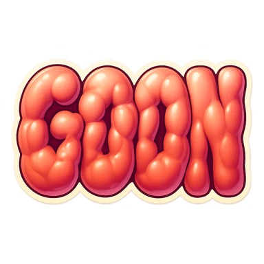 Modify the anatomy of the muscles under the glossy skin of the word GOON to be more amorphous and less anatomically defined, with exaggerated, blobby, and abstract muscle shapes. Maintain the retro sticker style and keep no background (transparent). sticker