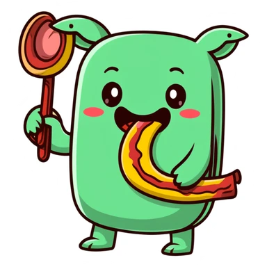 tongue out emoji holding a bacon strip, exaggerated expression sticker