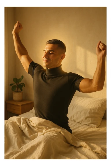 A cinematic photo of a man stretching in bed just after waking up, the morning sunlight flooding the room. His skin glows slightly, expression rested and serene. Muscles subtly defined, energy flowing through his posture. The air is filled with a golden calm. A symbolic glow surrounds his head and chest, representing mental clarity and physical recovery. The scene is clean, natural, minimalist. Rich in textures and realistic warmth. sticker