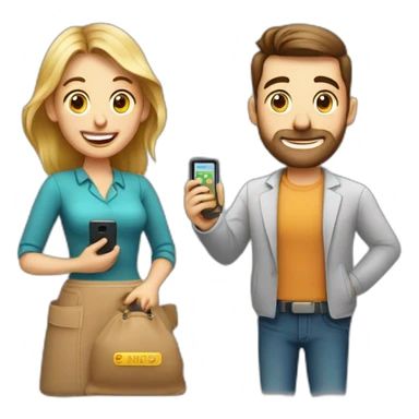 Design an emoji: Man and woman with phones in a bank, expressing surprise – "No Payees Added" for a friendly baking app interface.  sticker