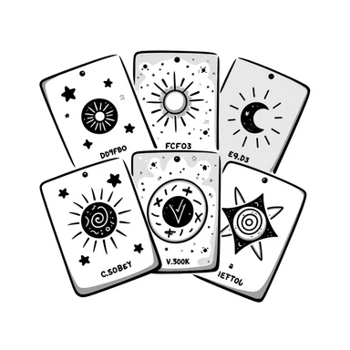Mystical tarot cards arranged in a fan or spread pattern with celestial and mystical symbols. Using specific pastel colors (dd9fb0, ffc6d3, a3bfc9, c4bee2, f1b091). Hand-drawn doodle style with intricate details of cards showing symbols like sun, moon, stars. Transparent background. sticker