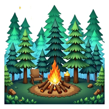 pixel art of a forest at night, with a campfire in the center. there are tall and short trees. sticker