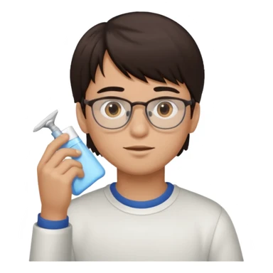 boy dark brown hair with bangs with straight eyebrows cleaning sticker