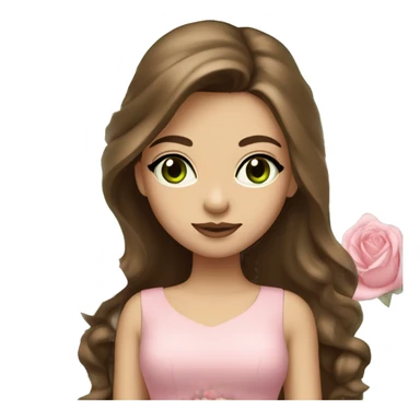 girl long brown hair, big lips green eyes, very fair skin and a pink dress and white roses sticker