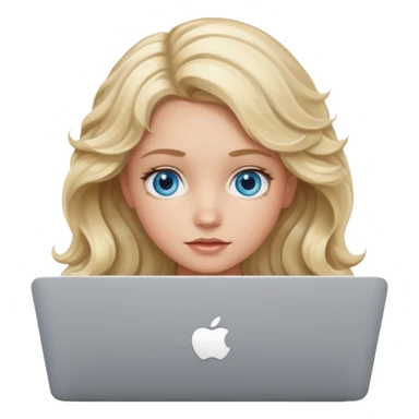 blond girl, blue eyes, hair wavy, , behind her silver colored laptop from apple sticker