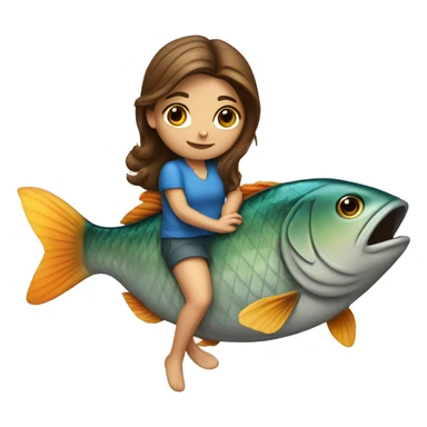 girl with brown hair rides on a fish sticker