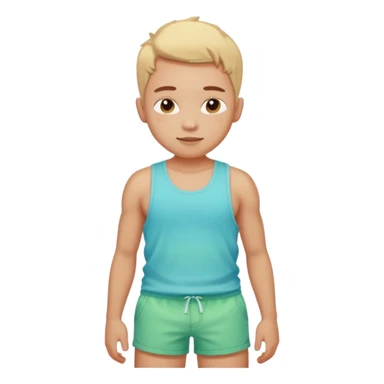 Emoji-style person in beach shorts with sunburned shoulders and chest, tank top outline, cute rounded features, soft shading, vibrant colors sticker