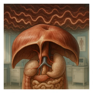 hyper realistic diaphragm represented as a filter: stress waves above, calm environment below, anatomical details, visual separation effect, medical environment, realistic colors sticker