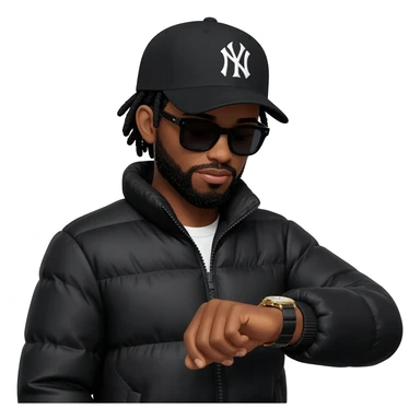 African American man with shoulder length black dreadlocks with black beard wearing black sunglasses wearing a black New York Yankees logo baseball cap wearing a black bubble winter coat wearing a wrist watch looking at the time on his wrist watch sticker