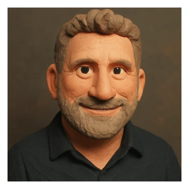 Create a claymation-style portrait emoji based on the person in the reference image, looking a bit younger with a friendly expression. Use pastel colors and ensure visible clay texture. Focus on head and shoulders only. sticker
